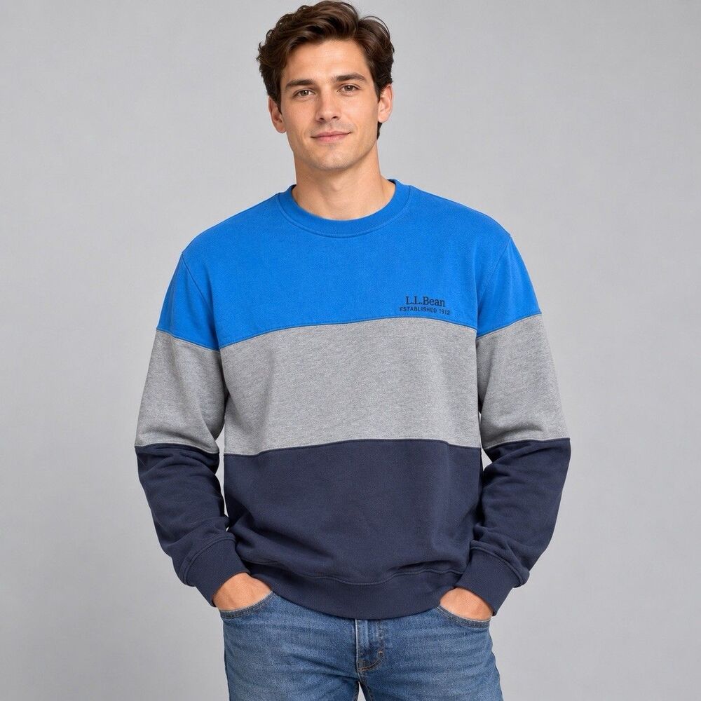 L.L. Bean 1912 Colorblock Crewneck Sweatshirt Men's XL Blue Gray Fleece Pullover